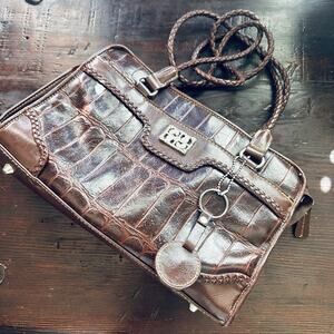 Bueno Shoulder Handbag Brown Faux Croc Leather Organizer 2 Braid Straps Lined